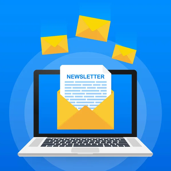 Busta con un concetto di newsletter. Apri il messaggio con il documento. Iscriviti al concetto di newsletter. Illustrazione vettoriale . — Vettoriale Stock