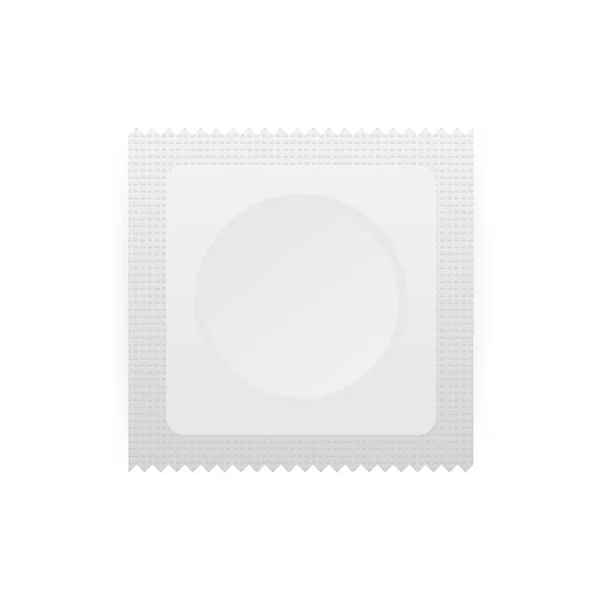 Paquete de plástico de preservativo con forma de producto de círculo obvio y borde dentado. Condón blanco con embalaje. Ilustración vectorial . — Vector de stock