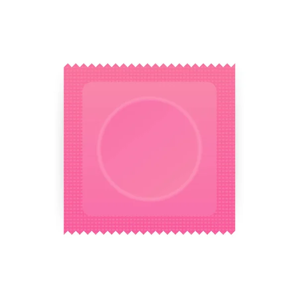 Kondom plast paketet med uppenbara cirkel produkt form och tandad kant. Rosa kondom med packning. Vektorillustration. — Stock vektor