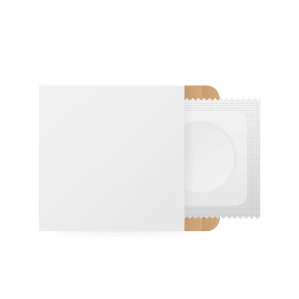 Paquete de plástico de preservativo con forma de producto de círculo obvio y borde dentado. Condón blanco con embalaje. Ilustración vectorial . — Vector de stock