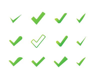 Onay işaretleri veya keneler ayarlayın. Kene sembolü, grunge onay işareti. Vektör çizim.