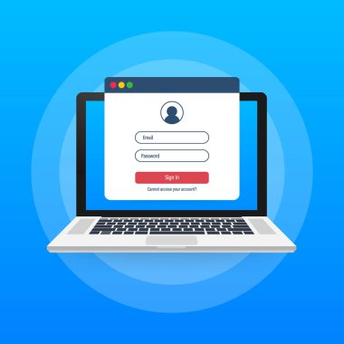 Laptop ekranında giriş sayfası. Not defteri ve çevrimiçi giriş formu, sayfa olarak imzalayın. Kullanıcı profili, hesap kavramlarına erişim. Vektör illüstrasyonu.