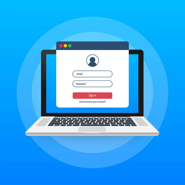 ノートパソコン画面にログインします。ノートブックとオンラインログインフォーム、ページにサインインします。ユーザープロフィール、アカウントコンセプトへのアクセス。ベクターイラスト. — ストックベクタ