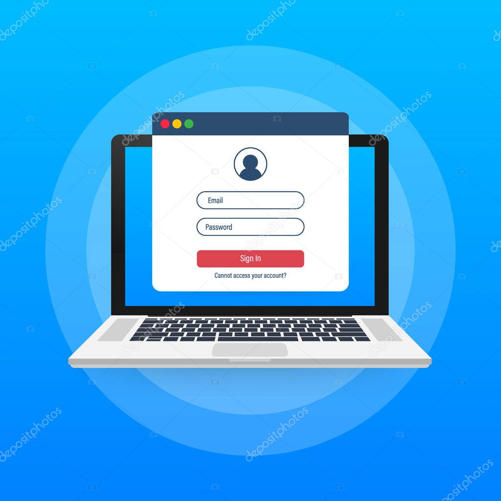 Login page on laptop screen. Notebook and online login form, sign in page. User profile, access to account concepts. Vector illustration.