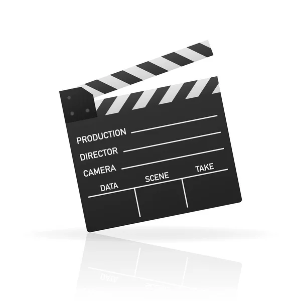 Zwarte gesloten Filmklapper. Zwarte cinema leisteen bord, apparaat gebruikt in film en video productie. Realistische afbeelding. — Stockvector