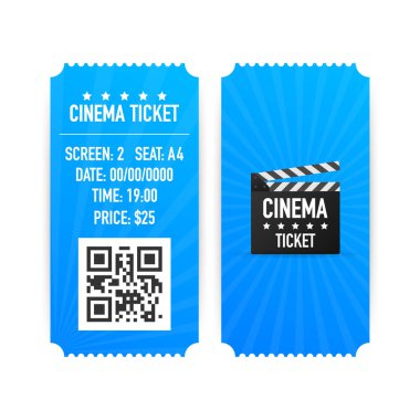 Beyaz arka plan üzerinde izole sinema biletleri. Gerçekçi Önden Görünüm. Film afiş. Sinema Sinema biletleri ayarla. Vektör çizim.