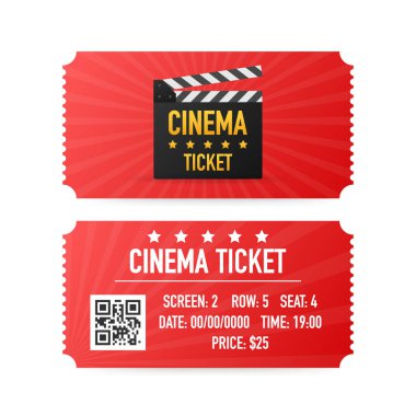 Beyaz arka plan üzerinde izole sinema biletleri. Gerçekçi Önden Görünüm. Film afiş. Sinema Sinema biletleri ayarla. Vektör çizim.
