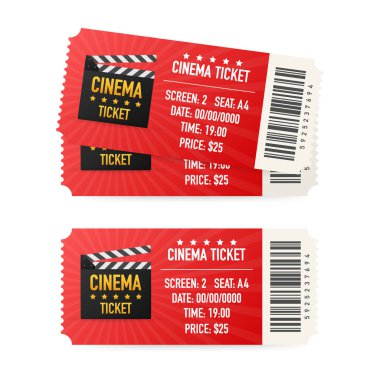 Beyaz arka plan üzerinde izole sinema biletleri. Gerçekçi Önden Görünüm. Film afiş. Sinema Sinema biletleri ayarla. Vektör çizim.