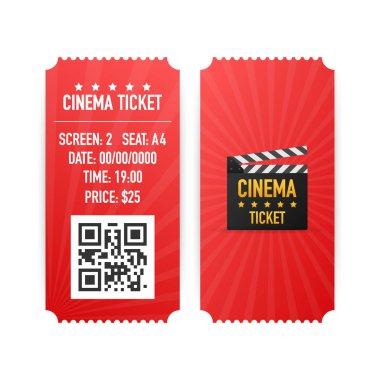 Beyaz arka plan üzerinde izole sinema biletleri. Gerçekçi Önden Görünüm. Film afiş. Sinema Sinema biletleri ayarla. Vektör çizim.