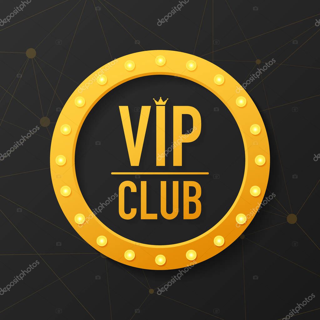 Golden symbol of exclusivity, the label VIP with glitter. Vip club label on Black background. Vector stock illustration.