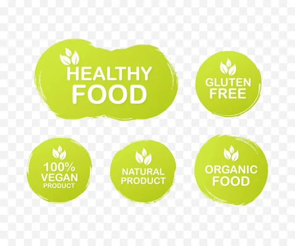 Vektor-Set bunte Etiketten für Lebensmittel, Ernährung. Sammlungssymbole. gesunde Ernährung, glutenfrei, 100 vegane Lebensmittel, Naturprodukte, Biolebensmittel. Vektorillustration. — Stockvektor