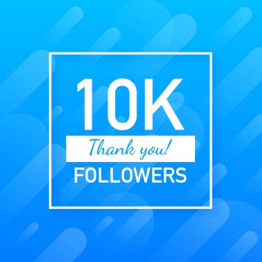 10000 takipçileri, teşekkür ederim, sosyal siteler yazısı. Teşekkür takipçileri tebrik kartı. Vektör çizim.