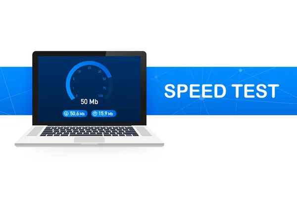 Test de vitesse sur ordinateur portable. Compteur de vitesse Internet Vitesse 100 mb. Site web vitesse temps de chargement. Illustration vectorielle. — Image vectorielle