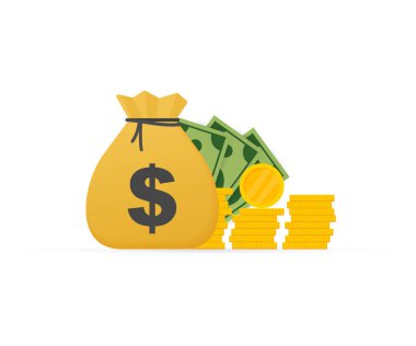 Çanta dolusu para Logo şablonu, para çuvalı. Para para yığın. Vektör çizim