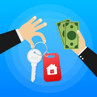 El aracı ile ev palm ve anahtar üstünde parmak. Satınalma house, Gayrimenkul Kiralama teklif. Vektör çizim.