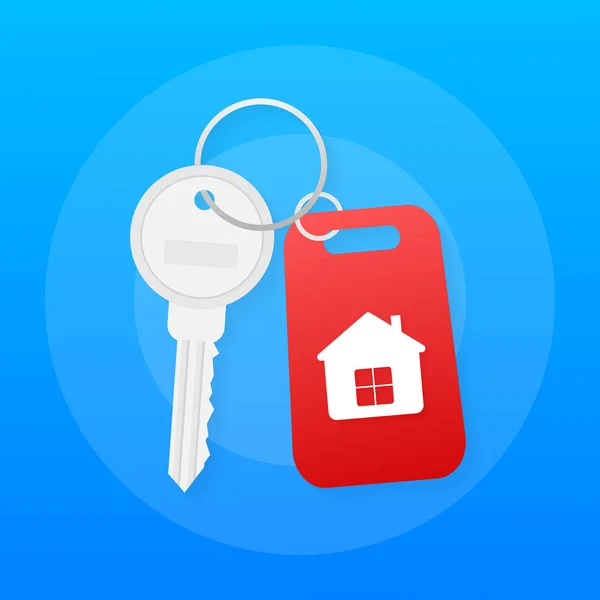 Hand agent with home in palm and key on finger. Offer of purchase house, rental of Real Estate. Vector illustration. — Stock Vector