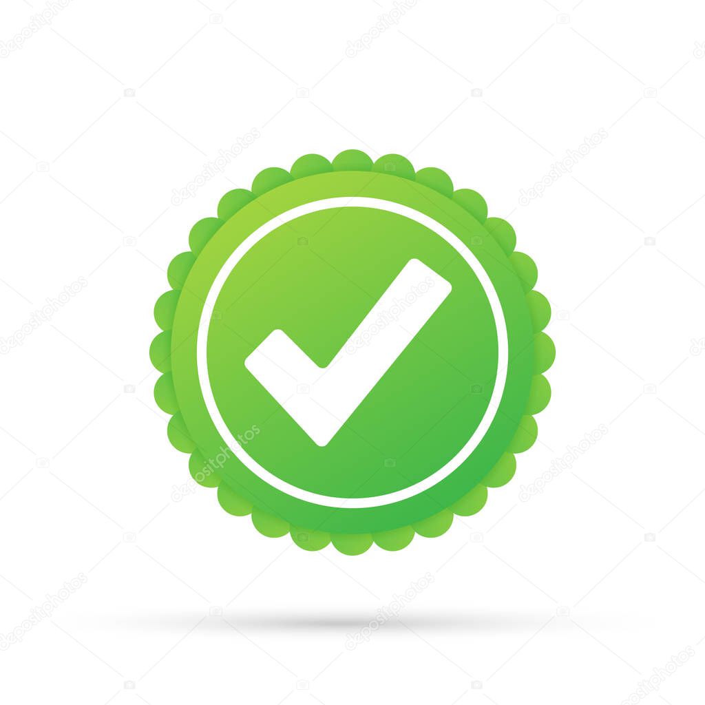 Checkmark. Green approved star sticker on white background. Vector illustration.