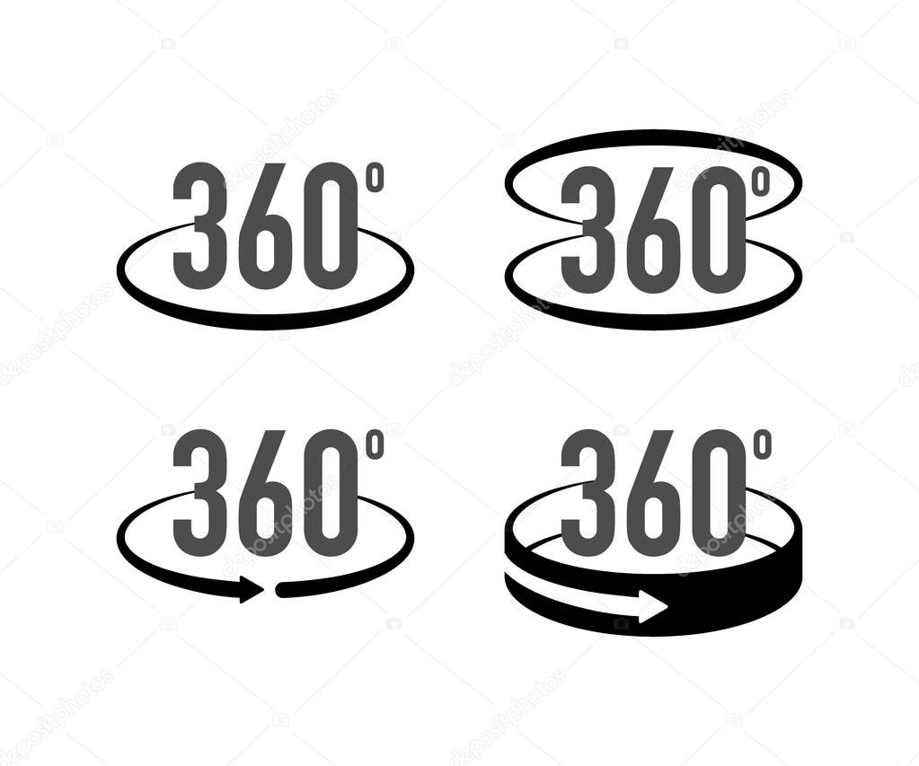 360 degrees view sign icon. Signs with arrows to indicate the rotation or panoramas to 360 degrees. Vector illustration.