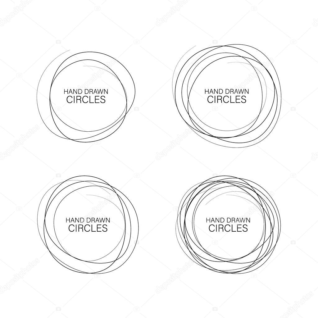 Set hand drawn ovals, felt-tip pen circles. Rough vector frame elements. Vector illustration.