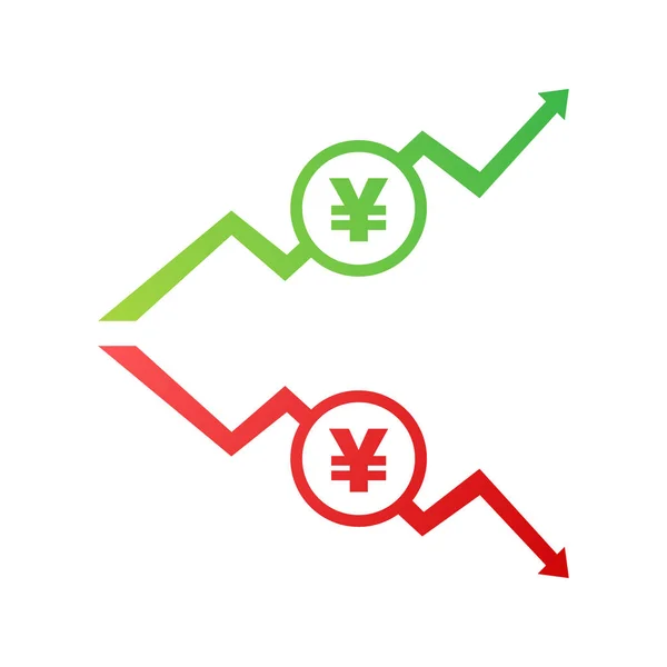 Красочные иены юань валюты вверх и вниз значок знак на зеленый и красный значок баннер. Векторная иллюстрация . — стоковый вектор