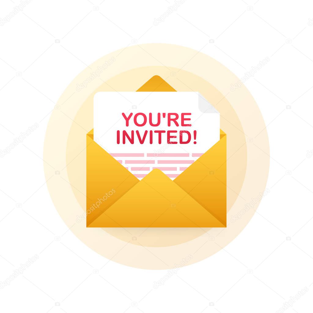 You're invited! Badge icon. Written Inside An Envelope Letter. Vector illustration.