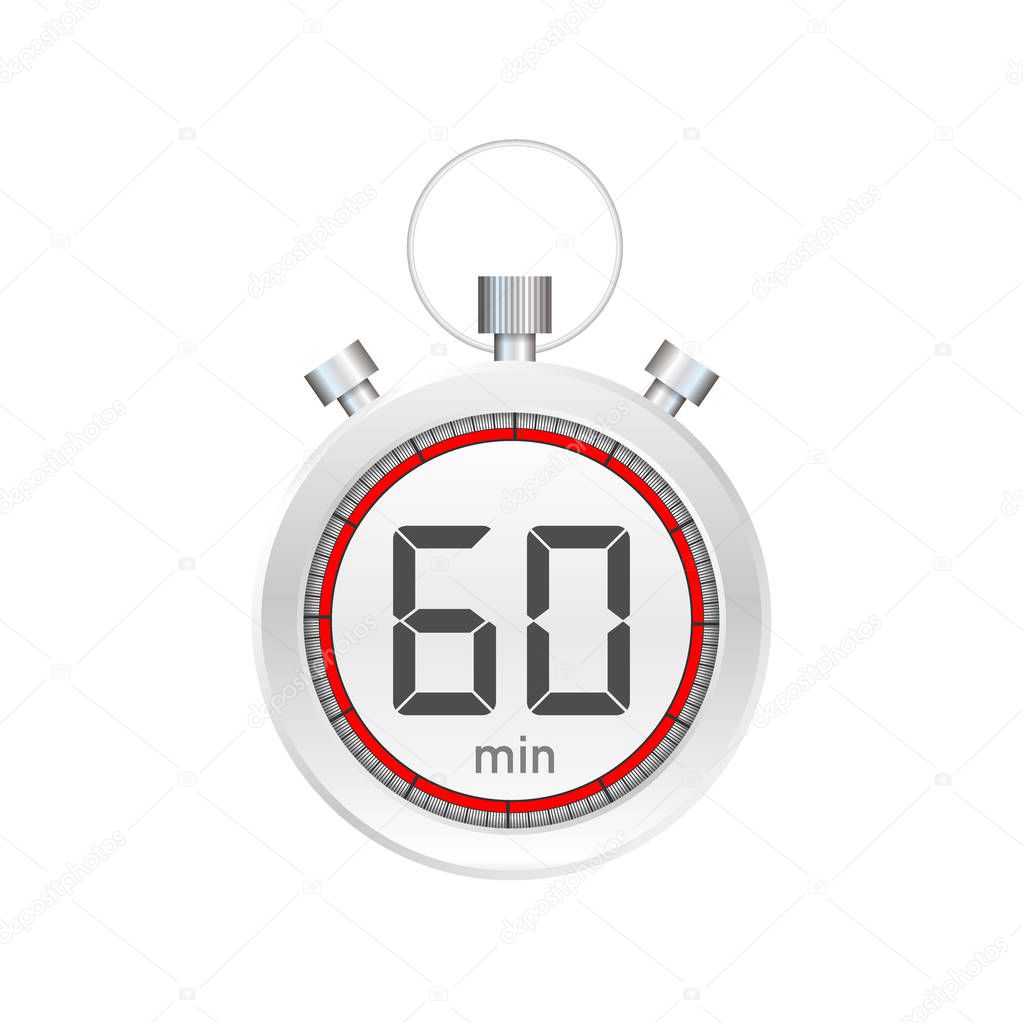The 60 minutes, stopwatch vector icon. Stopwatch icon in flat style, timer on on color background.  Vector illustration.
