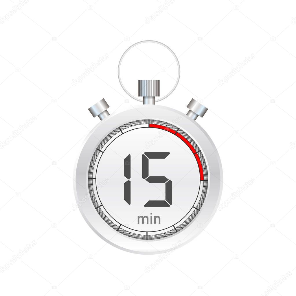 The 15 minutes, stopwatch vector icon. Stopwatch icon in flat style, timer on on color background.  Vector illustration.