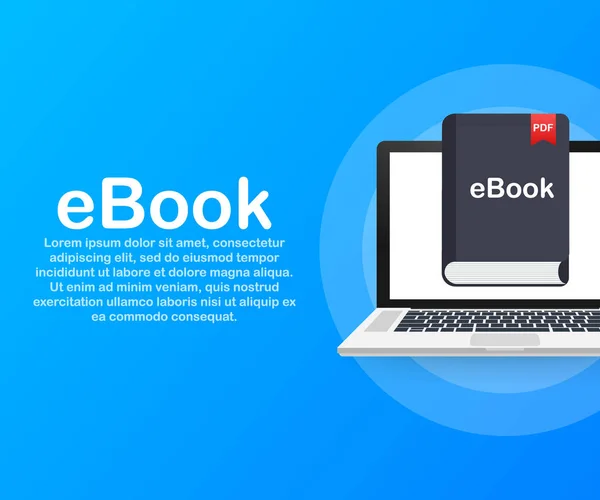 Buch herunterladen. E-Book-Marketing, Content-Marketing, eBook-Download auf Laptop. Vektorillustration. — Stockvektor