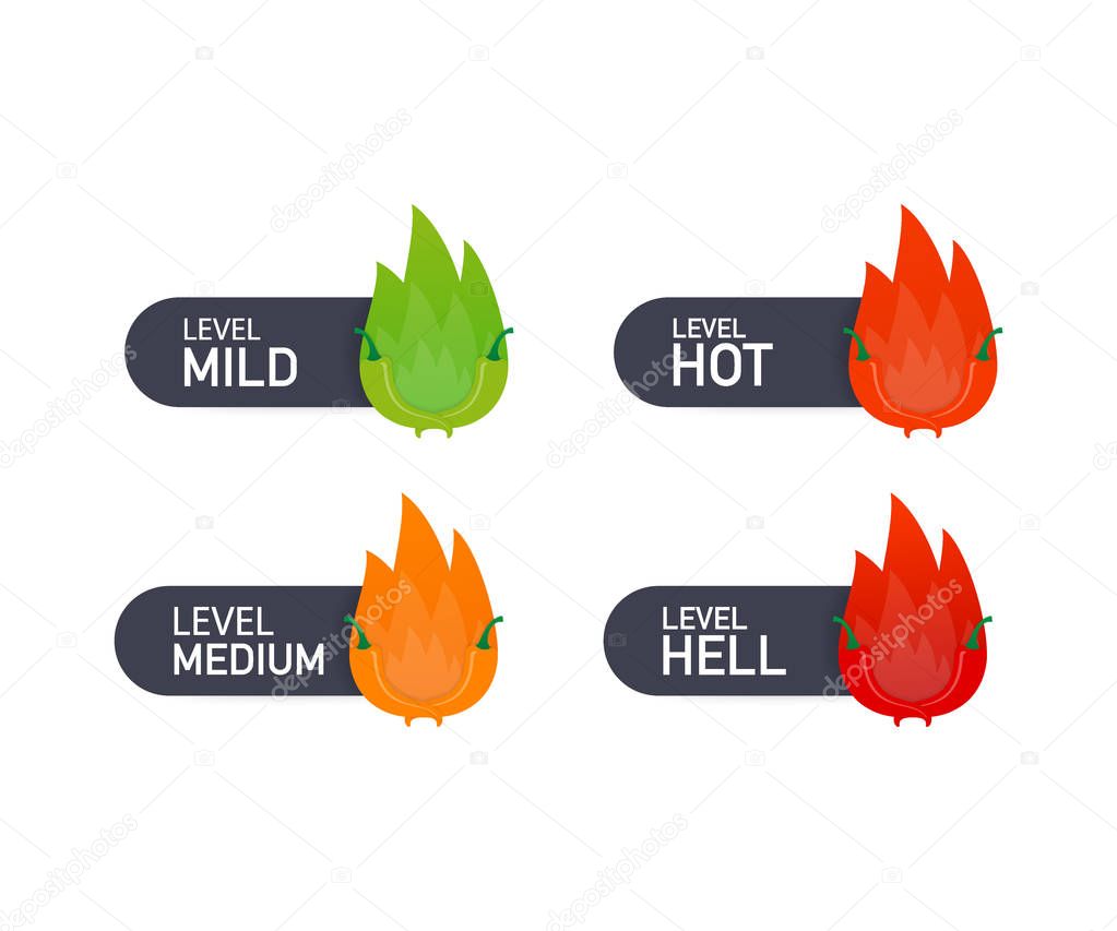 Hot red pepper strength scale indicator with mild, medium, hot and hell positions. Vector stock illustration.