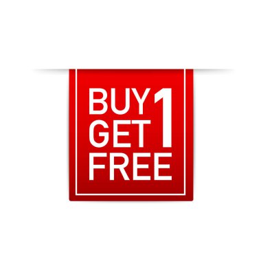 Kırmızı şerit Satın Al 1 Get 1 Free, satış etiketi, afiş tasarım şablonu. Vektör çizimi.