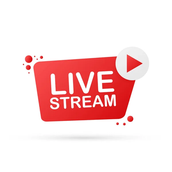 Live stream flat logo - κόκκινο διανυσματικό στοιχείο σχεδιασμού με κουμπί play. Εικονογράφηση διανύσματος — Διανυσματικό Αρχείο