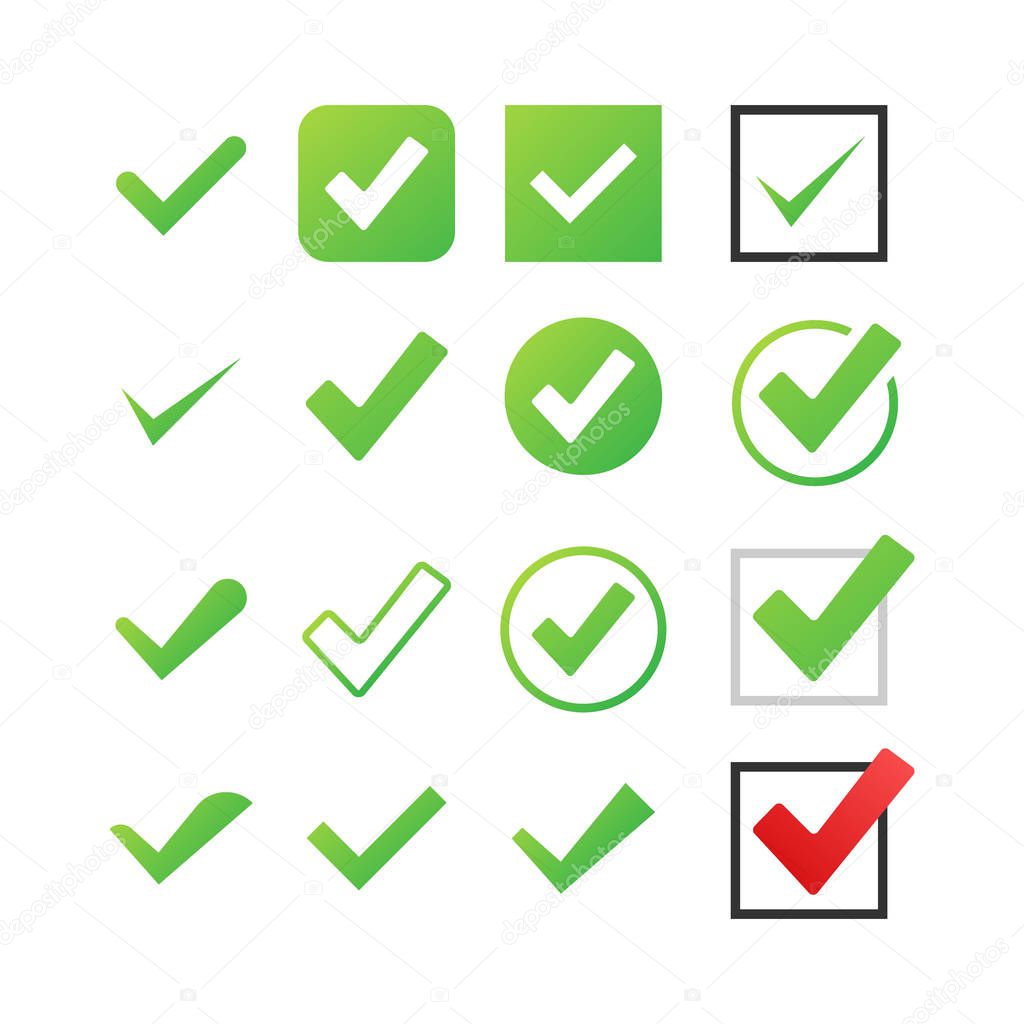 Set Check Marks or Ticks. Tick symbol, grunge check mark. Vector illustration.