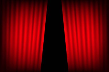 Eğlence perdeleri filmler için arka plan. Güzel kırmızı tiyatro siyah sahnede perde perdeler katlanmış. Vektör çizimi.