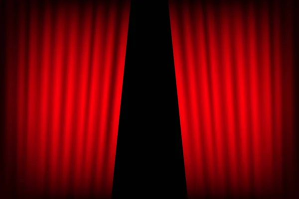 Entertainment függöny hátteret a filmeket. Gyönyörű vörös Színház hajtogatott függöny drapériát a fekete színpadon. Vektoros illusztráció. — Stock Vector