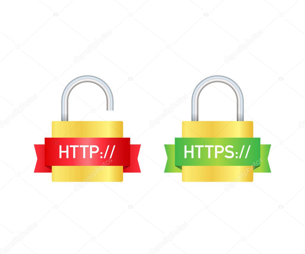 http and https protocols on shield, on white background. Vector illustration