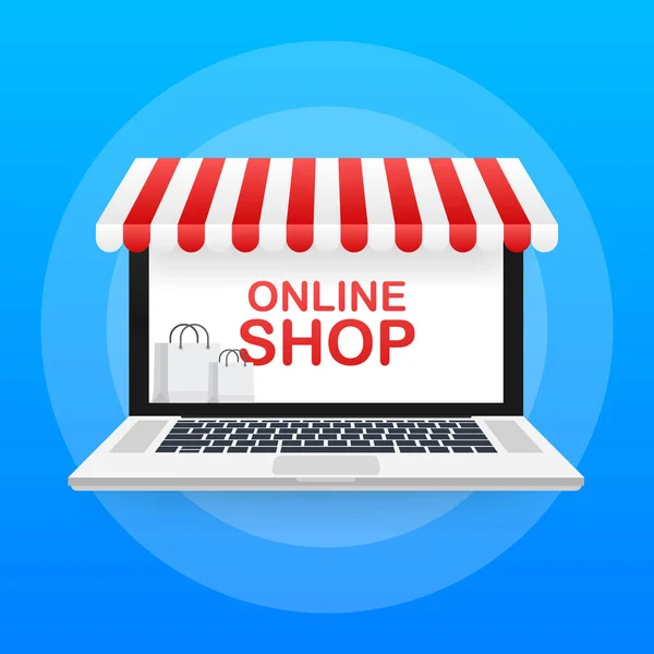 Shopping online på webbplatsen. Webbutik, butikskoncept på bärbar datorskärm. Vektorillustration. — Stock vektor
