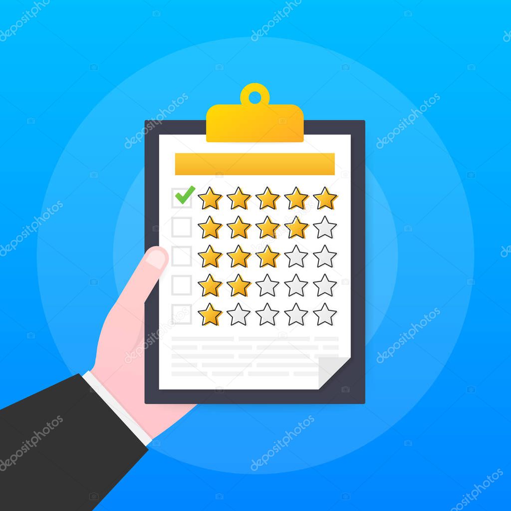 Tablet with a form for filling, online survey, checklist, choosing rating stars. Give rating on customer service. Vector illustration.