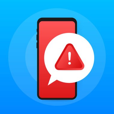 Hareketli mesaj bildirimini uyarın. Tehlike hatası uyarıları, akıllı telefon virüsü sorunu ya da güvensiz mesajlaşma sorunları bildirimleri. Vektör illüstrasyonu.