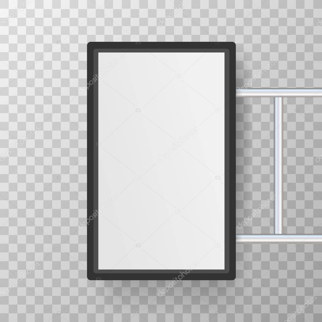 Rectangular signage light box signboard. Black metal cafe, restaurant outdoor mock up. Vector stock illustration.
