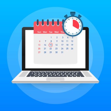 Dizüstü bilgisayar ekranında takvim ve saat. Zamanlama kavramları. Modern düz tasarım grafik elemanları. Vektör çizimi.