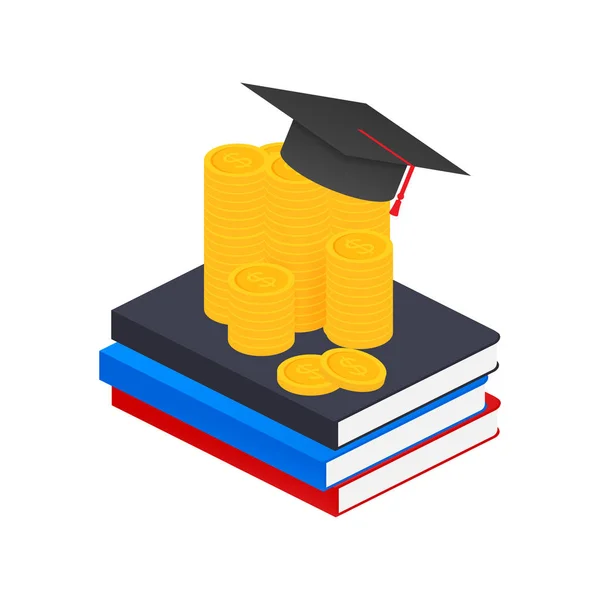 Investimento na educação. Bolsa de estudos. Livros. Boné de graduação na pilha de moeda de ouro. Ilustração vetorial . —  Vetores de Stock