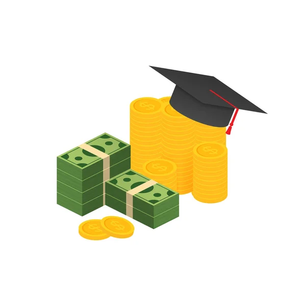 教育投资。奖学金。书。毕业生的帽子在堆金币上。矢量插图. — 图库矢量图片
