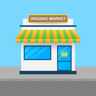 Organik pazar, taze çiftlik organik gıda. Sağlıklı sebze ve meyveler. Vektör çizimi.