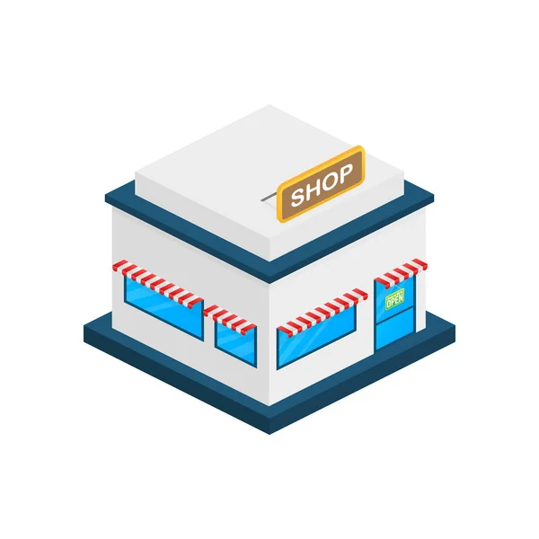 Isométrica tienda o tienda frente al mercado fachada exterior. Ilustración vectorial . — Vector de stock
