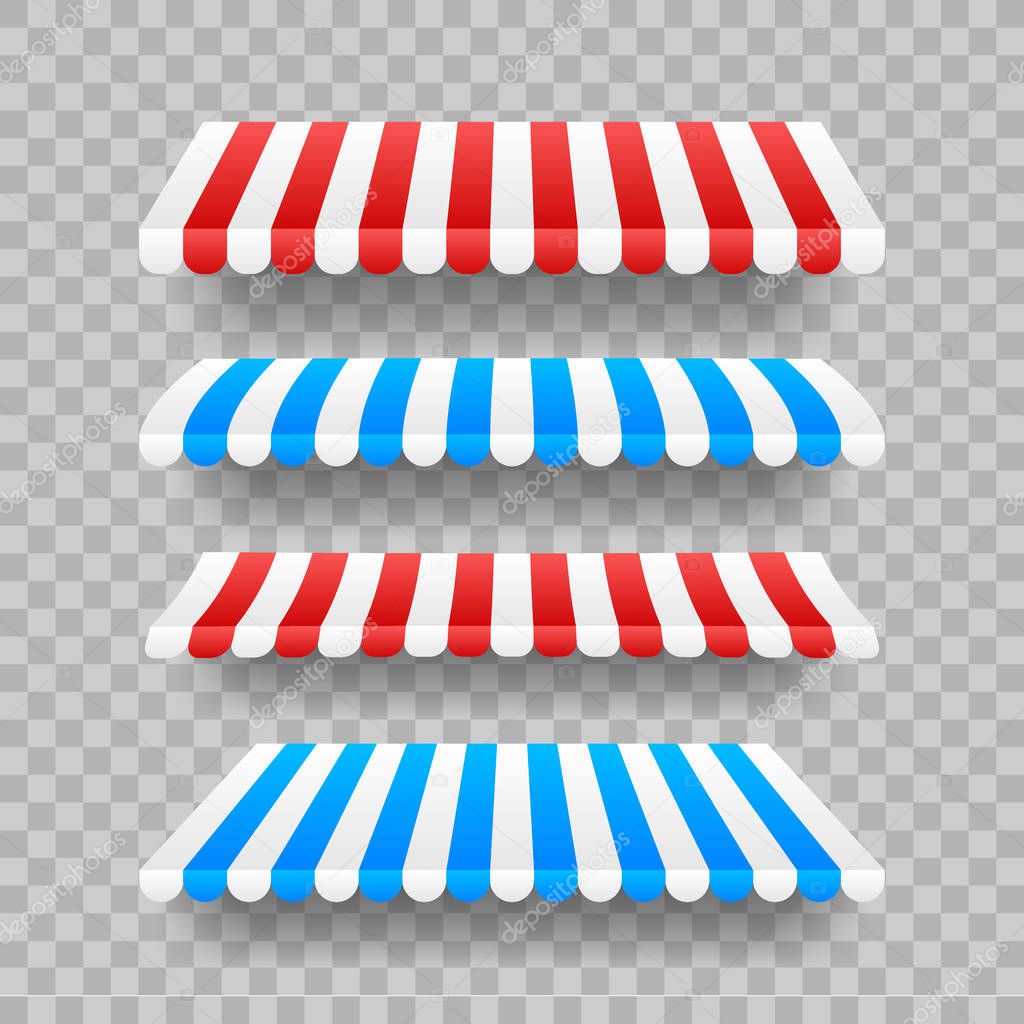 Colored striped awnings set for shop, restaurants and market store on transparent background. Vector illustration.