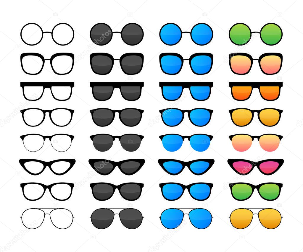 Colored Sunglass frame set isolated on white background. Vector illustration.