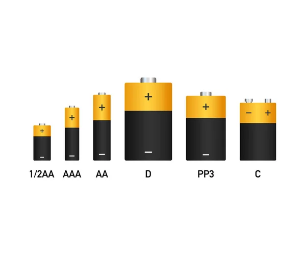 Baterías alcalinas estilo realista conjunto de diferentes tamaños. Ilustración de stock vectorial . — Vector de stock