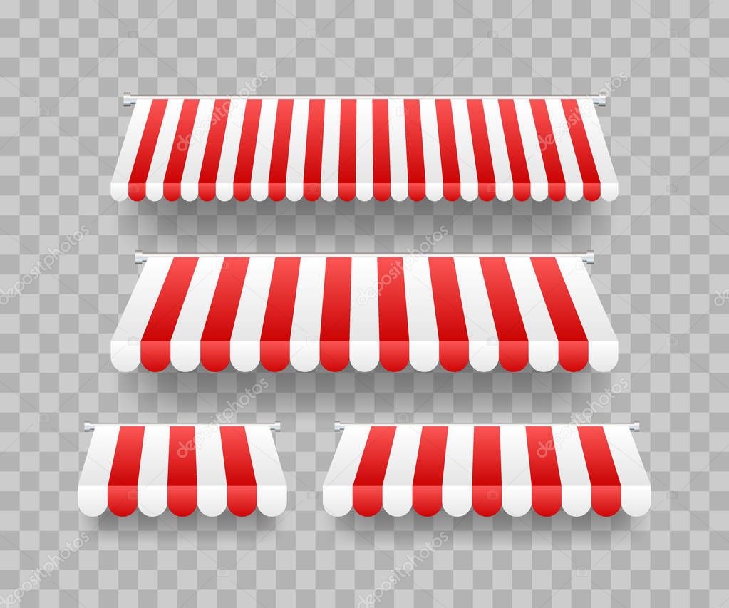 Colored striped awnings set for shop, restaurants and market store on transparent background. Vector stock illustration.