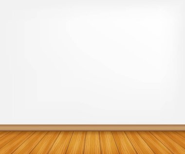 Gerçekçi ahşap zemin ve beyaz duvar. Vektör stok illüstrasyon.