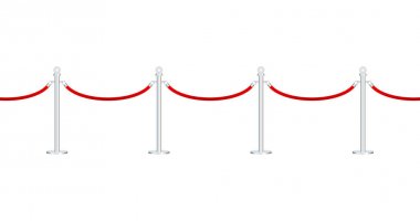 Altın stanchions üzerinde kırmızı halatlar ile kırmızı halı. Özel etkinlik, film galası, gala, tören, ödül konsepti. Vektör stok illüstrasyon.